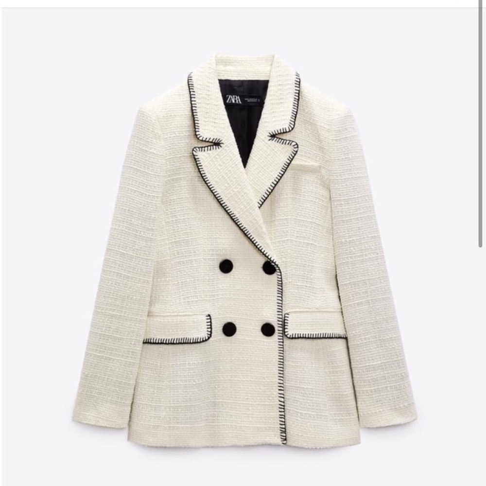 Zara white cream black tweed blazer size Small
